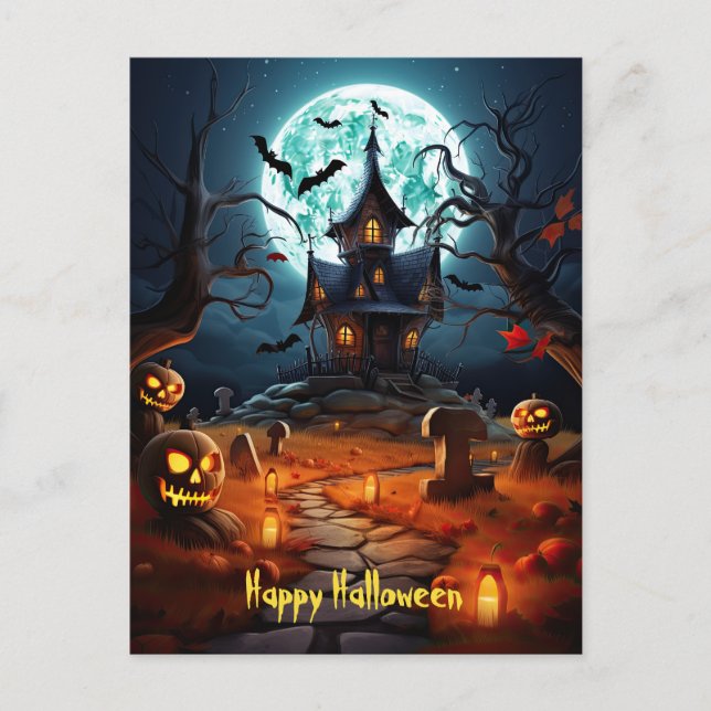 Postal Feliz Halloween Skeleton Skull Hauned House (Anverso)