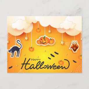 Postal Feliz Halloween sobre las nubes