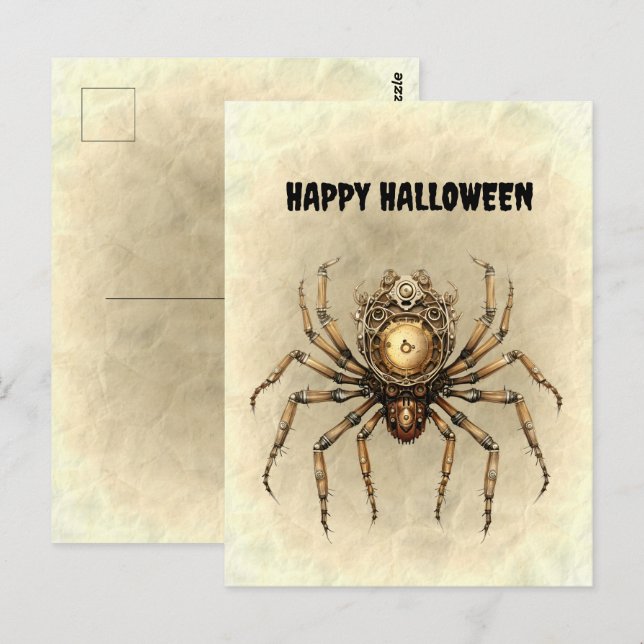 Postal Feliz Halloween Steampunk Spider (Anverso / Reverso)