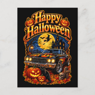 Postal Feliz Halloween Vintage Clásico Coche Musculoso US