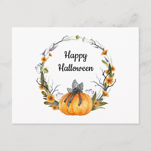 Postal Feliz Halloween Watercolor Calabaza Wreath (Anverso)