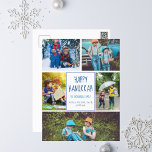 Postal Feliz Hanukkah Collage de fotos moderno azul lindo<br><div class="desc">Esta bonita y moderna postal Happy Hanukkah cuenta con un diseño moderno de 5 fotos familiares sobre un fondo blanco con tipografía azul. Esta hermosa tarjeta judía de festividad fotográfica muestra su propio collage de fotografías que rodea su mensaje y nombre de familia.</div>