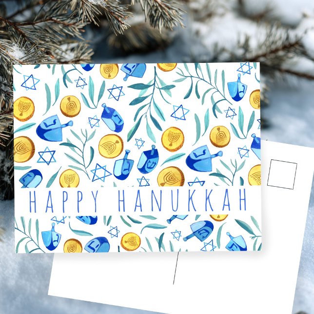 Postal Feliz Hanukkah Driedel Gelt Acuarela PERSONALIZADA (Happy Hanukkah Driedel Gelt Watercolor CUSTOM Postcard
)