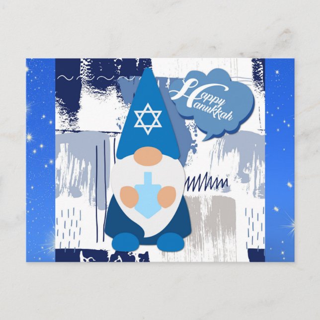 Postal Feliz Hanukkah Gnome Dreidel Cute Blue (Anverso)