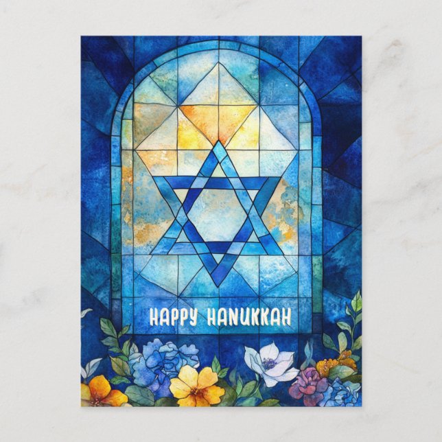 Postal 🕎 Feliz Hanukkah, viento de vidrio manchado de pe (Anverso)