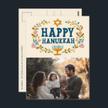 Postal FELIZ HAPPY HANUKKAH HERRAMIENTA Floral Menorah Pe<br><div class="desc">Dibujé texto a mano y flores por mí para ti. Haga clic en "personalizar" para editar y agregar su propia foto al frente y el texto y devolver la dirección al dorso de la postal o cambiar los colores de fondo. Todo es personalizable. Para más diseños y colores, revisa mi...</div>