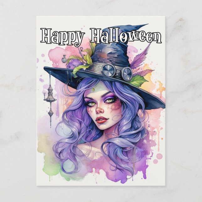 Postal Feliz Ilustracion de Brujas de Halloween Salem (Anverso)