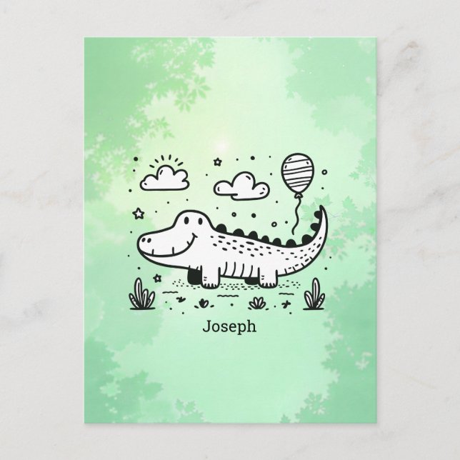 Postal Feliz lagarto con globo - Arte de guardería (Anverso)