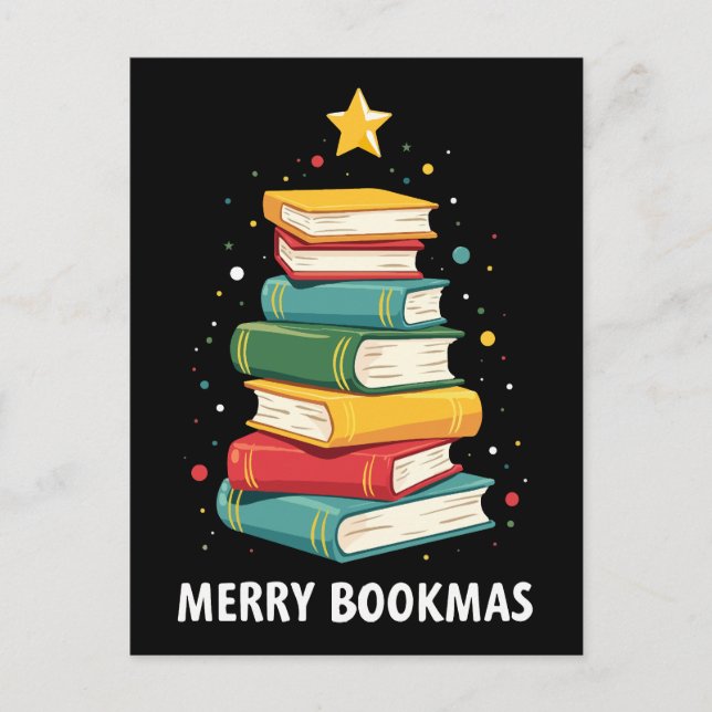 Postal Feliz Libro Navidad - Pila Festiva de Libros para  (Anverso)