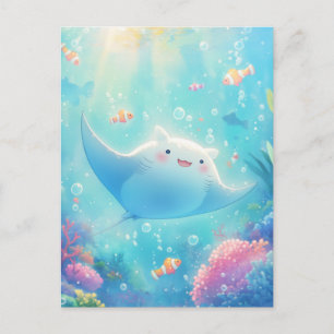 Postal Feliz Manta Raya Kawaii Arrecife Iluminado por el