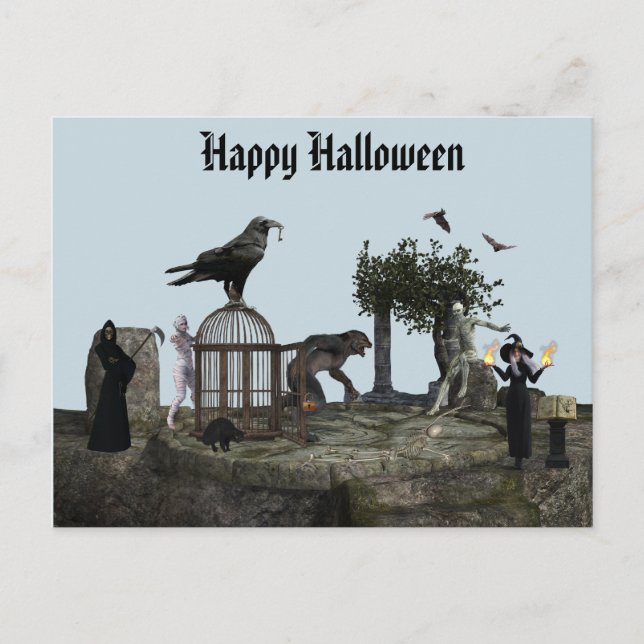 Postal Feliz Monstruo de Halloween Escena Werewolf Zombie (Anverso)