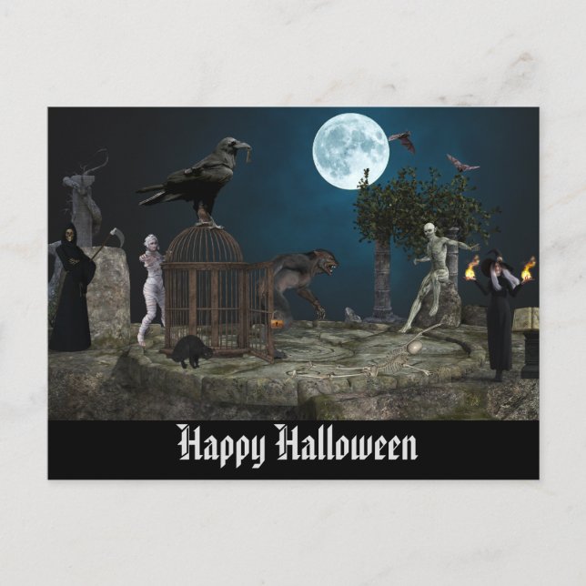 Postal Feliz Monstruo de Halloween Escena Werewolf Zombie (Anverso)