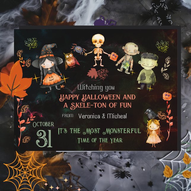 Postal Feliz Monstruos de la Cuta de Halloween (Happy Halloween Cute Monsters Postcard)