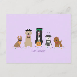 Postal Feliz morado de perros de Halloween