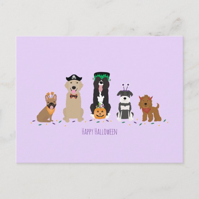 Postal Feliz morado de perros de Halloween (Anverso)