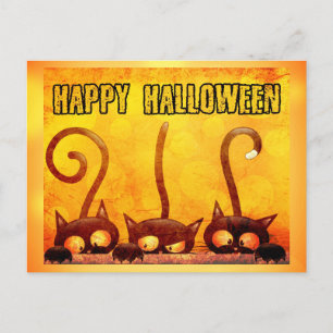 Postal Feliz Naranja de gato negro de Halloween