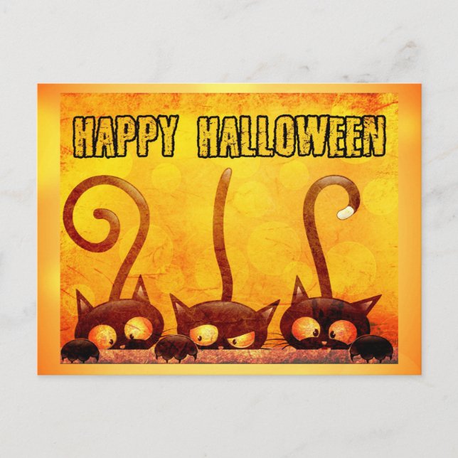 Postal Feliz Naranja de gato negro de Halloween (Anverso)