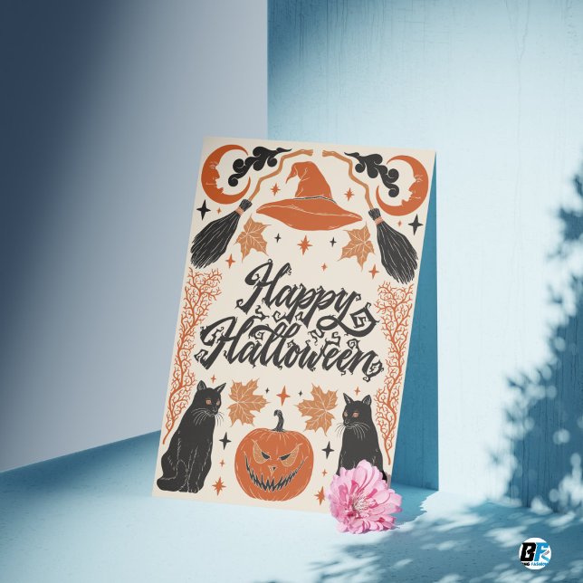 Postal Feliz Naranja de Halloween Black Retro Vintage (Subido por el creador)