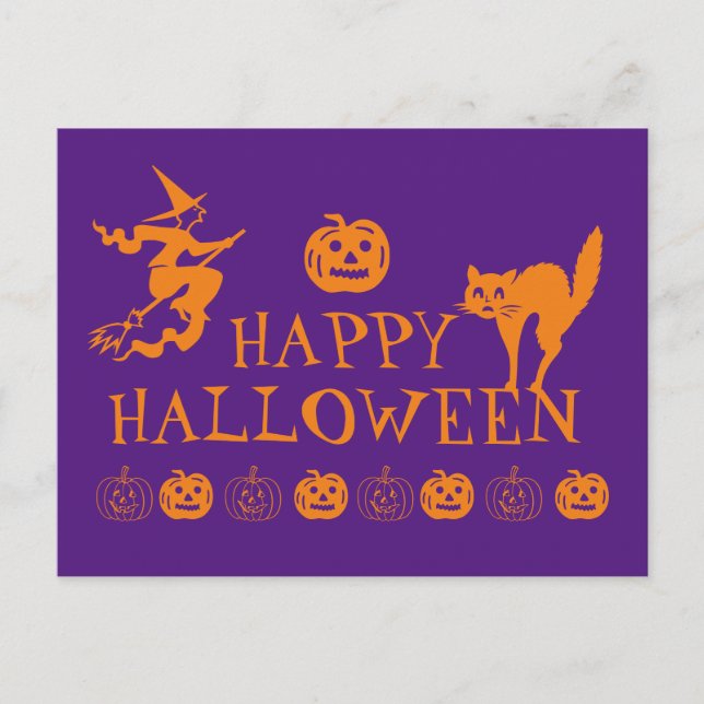 Postal Feliz naranja púrpura de Halloween (Anverso)