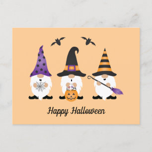 Postal Feliz Naranja púrpura de Halloween Gnomes