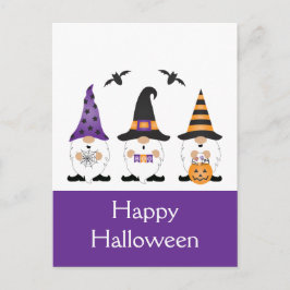 Postal Feliz Naranja púrpura de Halloween Gnomes