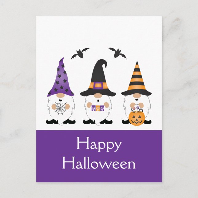 Postal Feliz Naranja púrpura de Halloween Gnomes (Anverso)