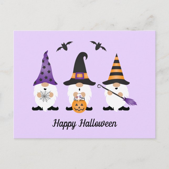 Postal Feliz Naranja púrpura de Halloween Gnomes (Anverso)