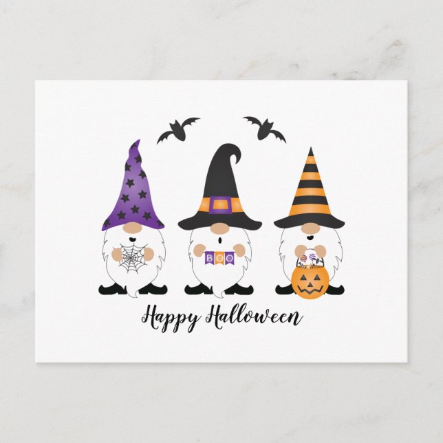 Postal Feliz Naranja púrpura de Halloween Gnomes (Anverso)
