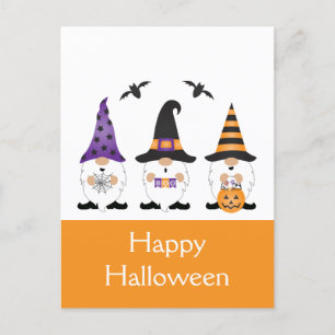 Postal Feliz Naranja púrpura de Halloween Gnomes