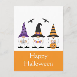 Postal Feliz Naranja púrpura de Halloween Gnomes