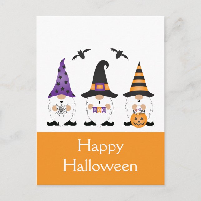 Postal Feliz Naranja púrpura de Halloween Gnomes (Anverso)