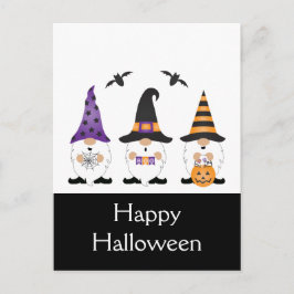 Postal Feliz Naranja púrpura de Halloween Gnomes