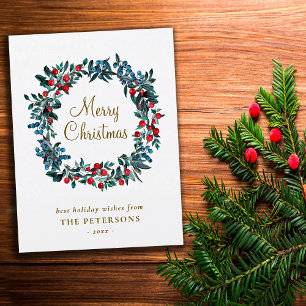Postal Feliz Navidad acuarela Berries Wreath