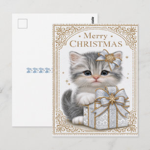 Postal Feliz Navidad Adorable Gatito Lazos Azules