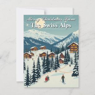 Postal Feliz Navidad Alpes suizos Aldea de Esquí Alpino