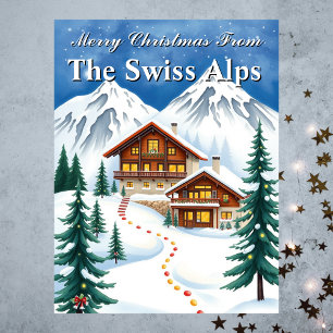 Postal Feliz Navidad Alpes Suizos Chalé de Invierno Fiest