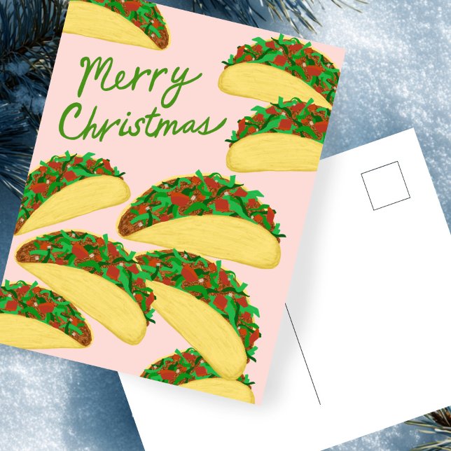 Postal FELIZ NAVIDAD Avalancha de Tacos Deliciosa Fiesta (MERRY CHRISTMAS Taco Avalanche Delicious Holiday Pink Green Red Postcard
)
