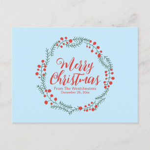 Postal Feliz Navidad azul pálido guión rojo escritura rús