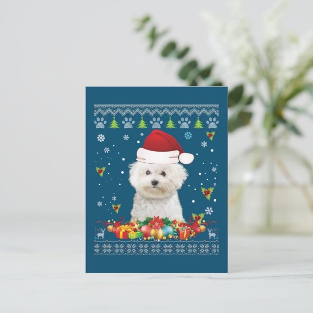 Postal Feliz Navidad Bichons Frise Dog Ugly Sweater (Anverso de pie)