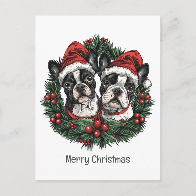 Postal Feliz Navidad Boston Terrier Perros de Navidad Wre (Anverso)