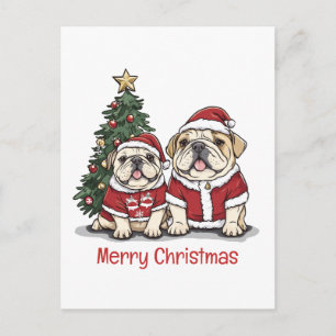 Postal Feliz Navidad Bulldog Inglés Gorros de Santa
