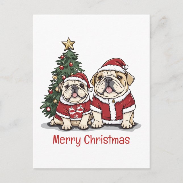 Postal Feliz Navidad Bulldog Inglés Gorros de Santa (Anverso)