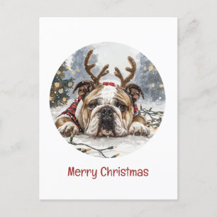 Postal Feliz Navidad Bulldog inglés reno