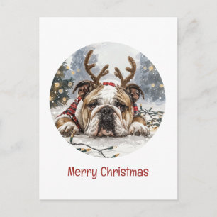 Postal Feliz Navidad Bulldog inglés reno