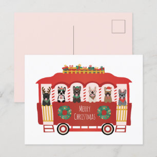 Postal Feliz Navidad Bulldoges franceses Holiday Trolly