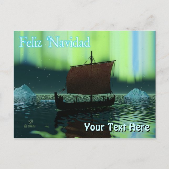 Postal Feliz Navidad - Buque Viking Y Luz Del Norte (Anverso)