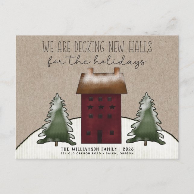 Postal Feliz Navidad Casas Rústicas Árboles Nuevo Hogar (Anverso)