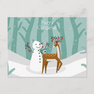 Postal Feliz Navidad con muñeco de nieve y reno