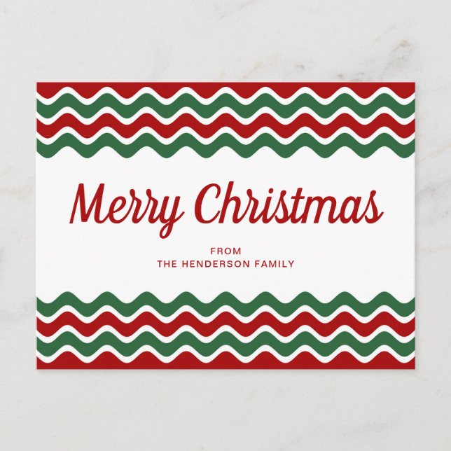 Postal Feliz Navidad Cubierta Rojo Tiras de Ola Verde (Anverso)