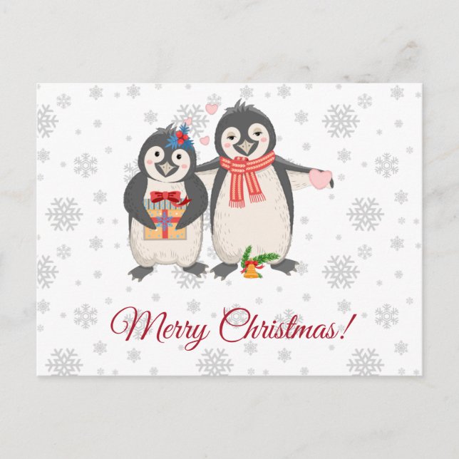 Postal Feliz Navidad Cute Pingüino Pareja (Anverso)